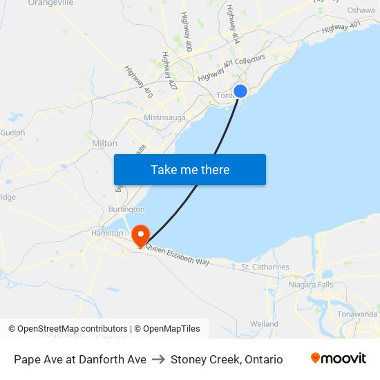 Pape Ave at Danforth Ave to Stoney Creek, Ontario map