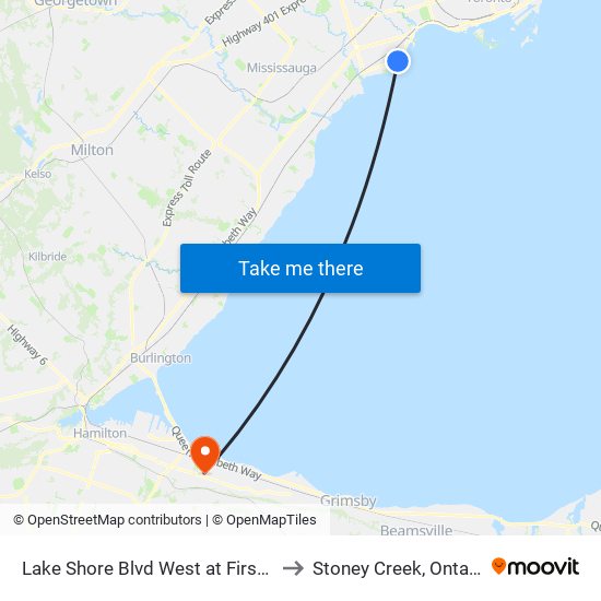 Lake Shore Blvd West at First St to Stoney Creek, Ontario map