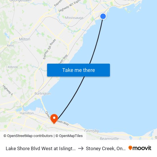 Lake Shore Blvd West at Islington Ave to Stoney Creek, Ontario map