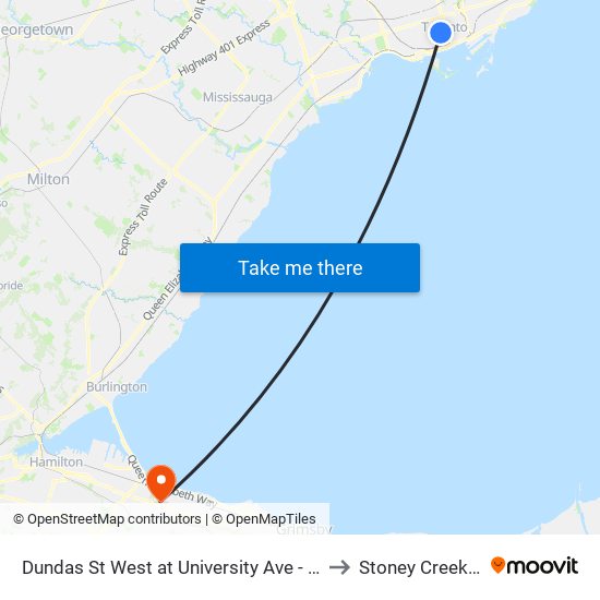 Dundas St West at University Ave - St Patrick Station to Stoney Creek, Ontario map