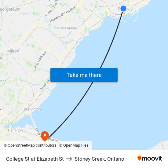 College St at Elizabeth St to Stoney Creek, Ontario map