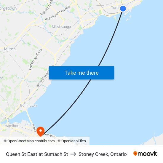 Queen St East at Sumach St to Stoney Creek, Ontario map