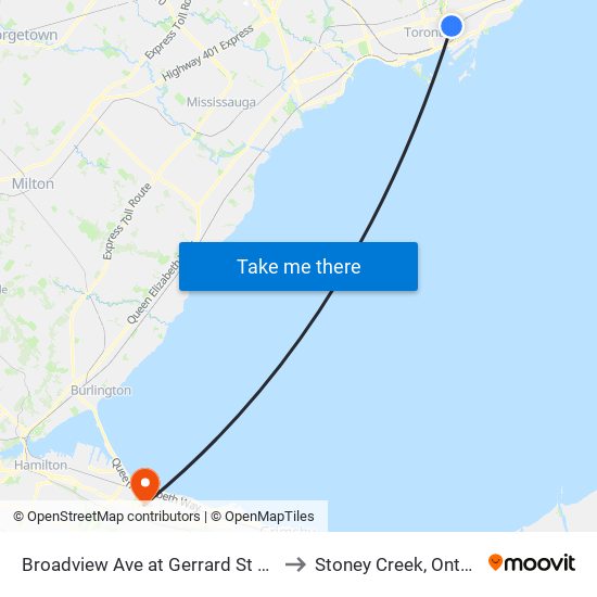 Broadview Ave at Gerrard St East to Stoney Creek, Ontario map