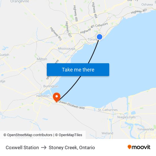 Coxwell Station to Stoney Creek, Ontario map