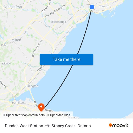 Dundas West Station to Stoney Creek, Ontario map