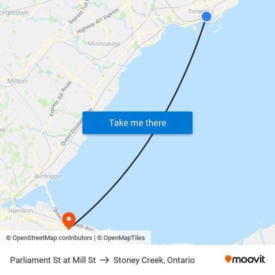 Parliament St at Mill St to Stoney Creek, Ontario map