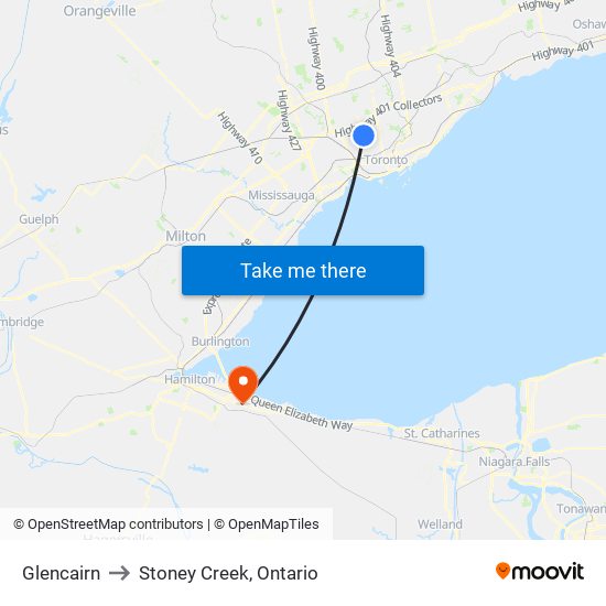 Glencairn to Stoney Creek, Ontario map