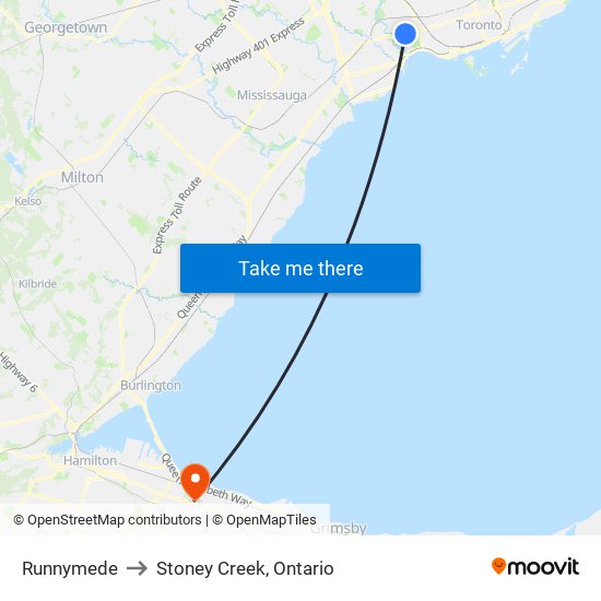 Runnymede to Stoney Creek, Ontario map