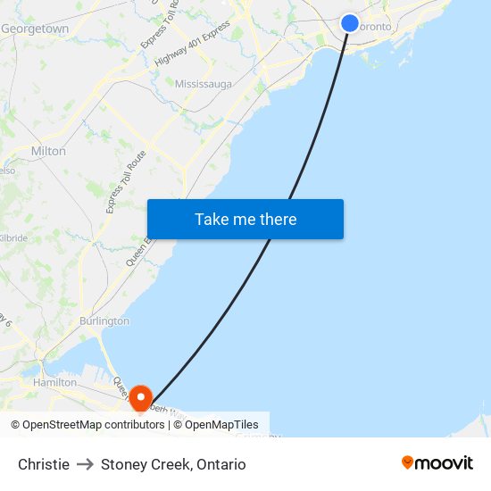 Christie to Stoney Creek, Ontario map