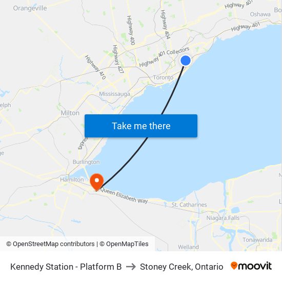 Kennedy Station - Platform B to Stoney Creek, Ontario map