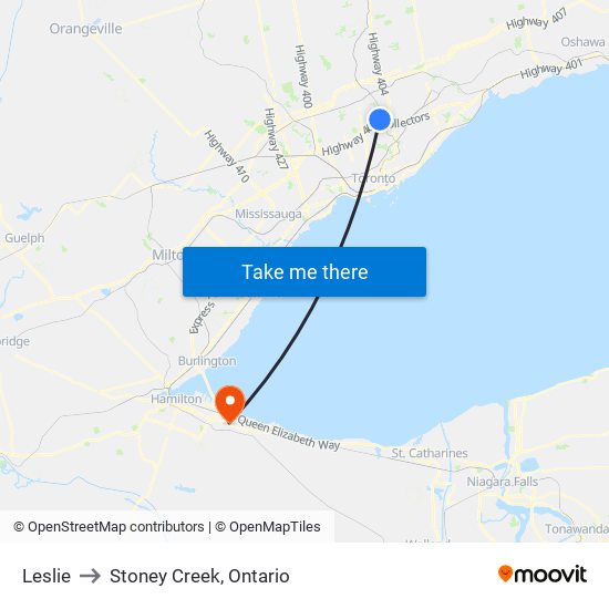 Leslie to Stoney Creek, Ontario map