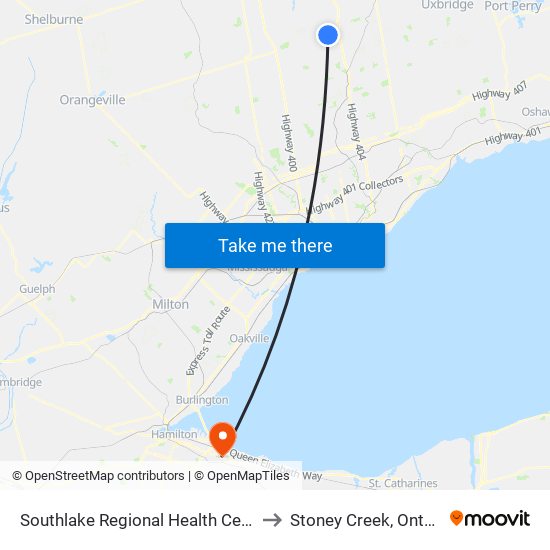 Southlake Regional Health Centre to Stoney Creek, Ontario map