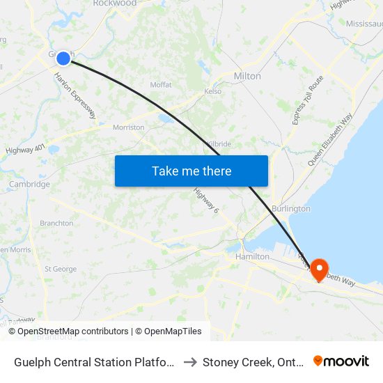 Guelph Central Station Platform 2 to Stoney Creek, Ontario map
