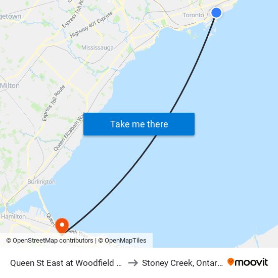 Queen St East at Woodfield Rd to Stoney Creek, Ontario map