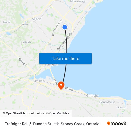 Trafalgar Rd. @ Dundas St. to Stoney Creek, Ontario map