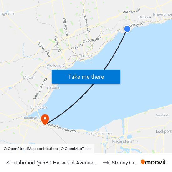 Southbound @ 580 Harwood Avenue South (Lakeridge Health Ajax Pickering) to Stoney Creek, Ontario map