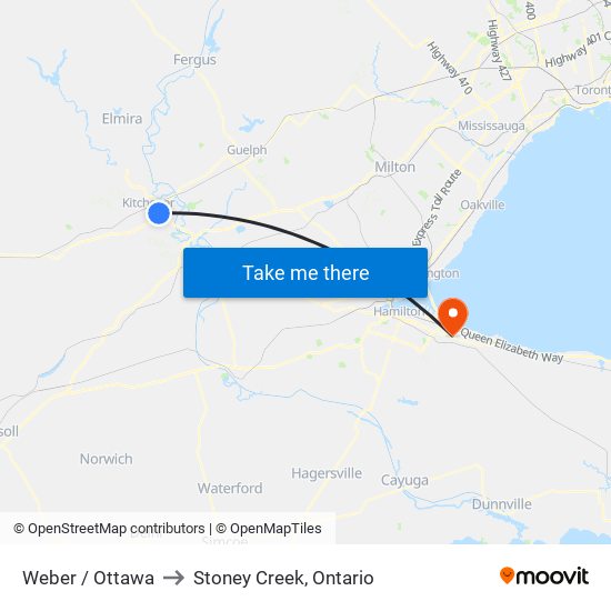 Weber / Ottawa to Stoney Creek, Ontario map