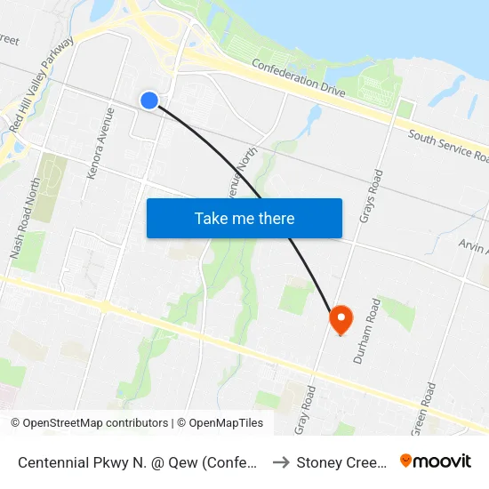 Centennial Pkwy N. @ Qew (Confederation) Park & Ride to Stoney Creek, Ontario map
