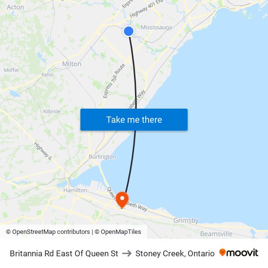 Britannia Rd East Of Queen St to Stoney Creek, Ontario map