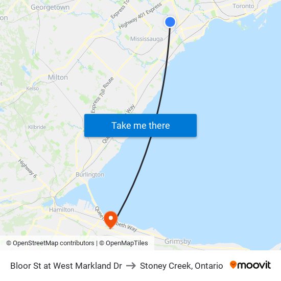 Bloor St at West Markland Dr to Stoney Creek, Ontario map