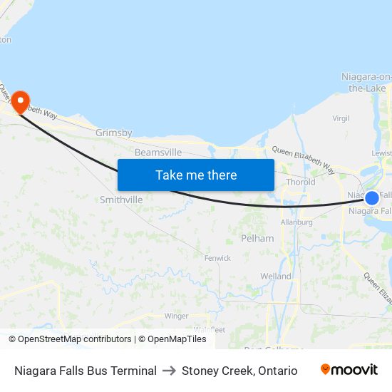 Niagara Falls Bus Terminal to Stoney Creek, Ontario map