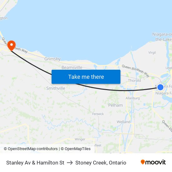 Stanley Av & Hamilton St to Stoney Creek, Ontario map