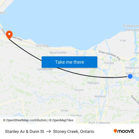 Stanley Av & Dunn St to Stoney Creek, Ontario map
