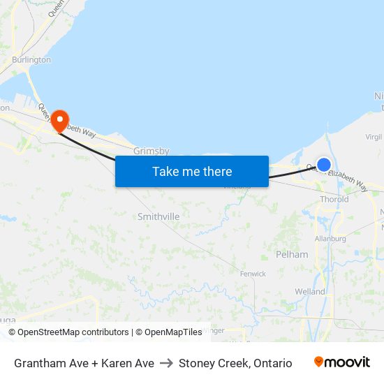 Grantham Ave + Karen Ave to Stoney Creek, Ontario map