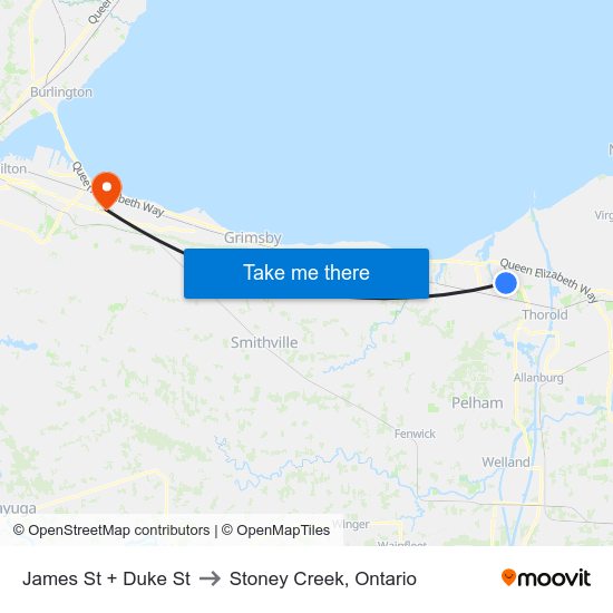 James St + Duke St to Stoney Creek, Ontario map