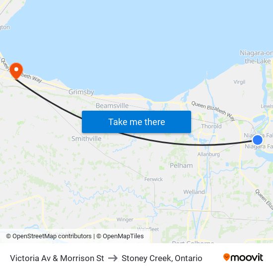 Victoria Av & Morrison St to Stoney Creek, Ontario map