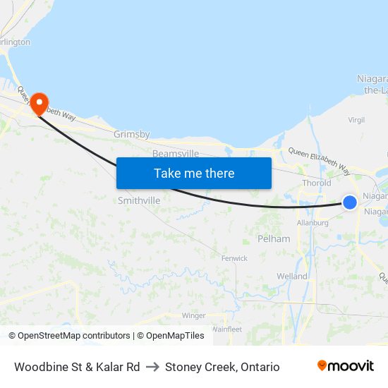 Woodbine St & Kalar Rd to Stoney Creek, Ontario map