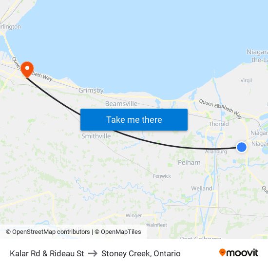 Kalar Rd & Rideau St to Stoney Creek, Ontario map