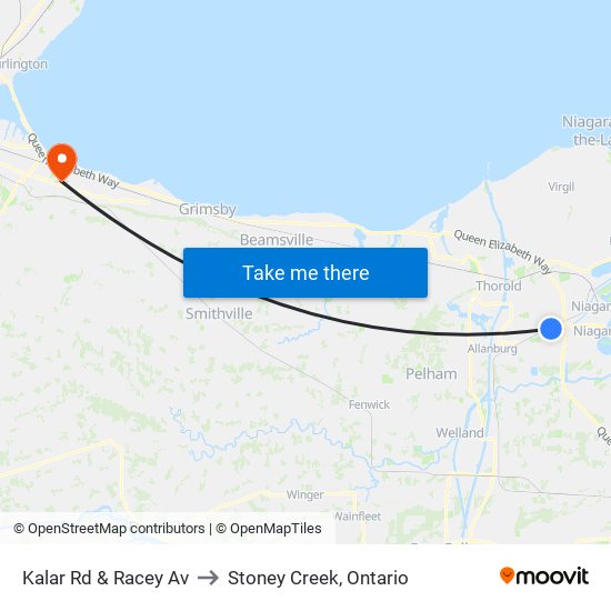 Kalar Rd & Racey Av to Stoney Creek, Ontario map