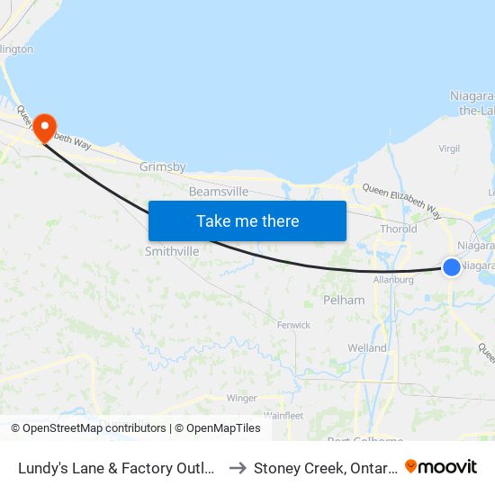 Lundy's Lane & Factory Outlets to Stoney Creek, Ontario map