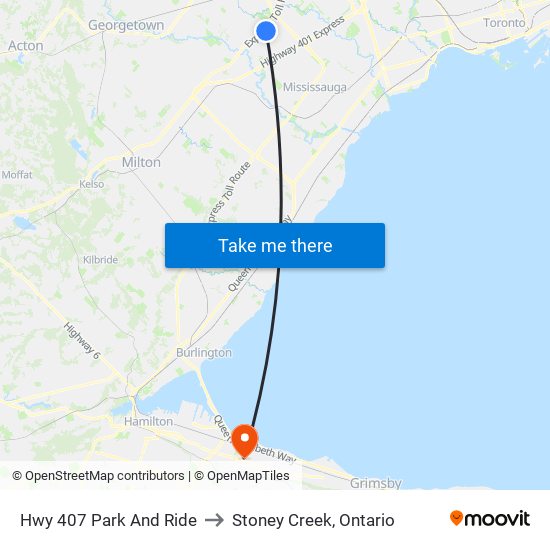 Hwy 407 Park And Ride to Stoney Creek, Ontario map