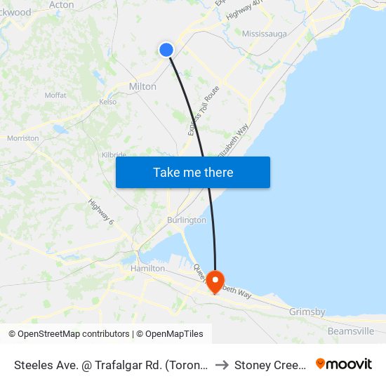 Steeles Ave. @ Trafalgar Rd. (Toronto Premium Outlets) to Stoney Creek, Ontario map