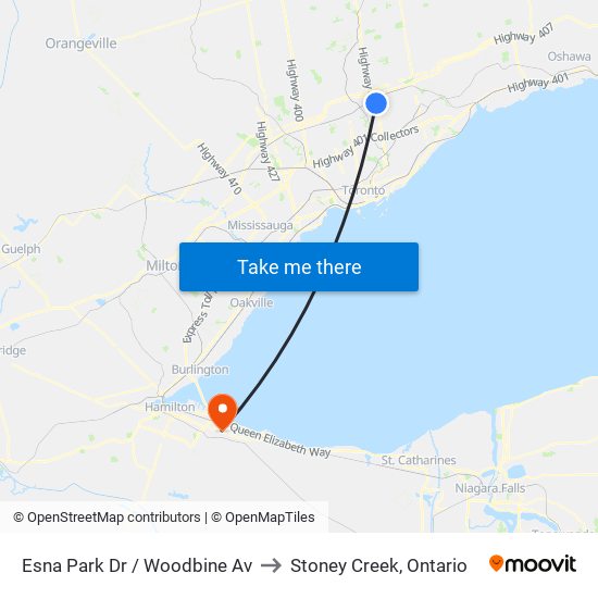 Esna Park Dr / Woodbine Av to Stoney Creek, Ontario map