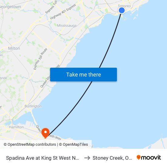 Spadina Ave at King St West North Side to Stoney Creek, Ontario map