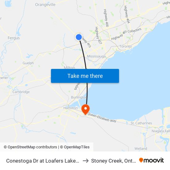 Conestoga Dr at Loafers Lake Lane to Stoney Creek, Ontario map