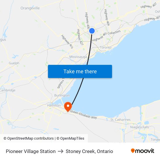 Pioneer Village Station to Stoney Creek, Ontario map