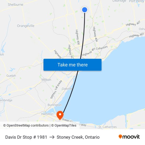 Davis Dr Stop # 1981 to Stoney Creek, Ontario map