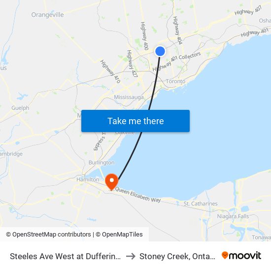 Steeles Ave West at Dufferin St to Stoney Creek, Ontario map