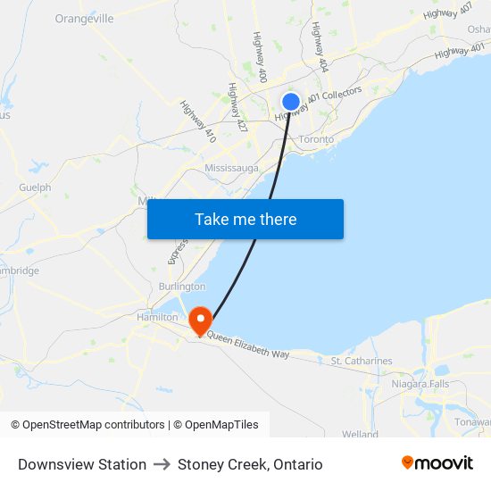 Downsview Station to Stoney Creek, Ontario map