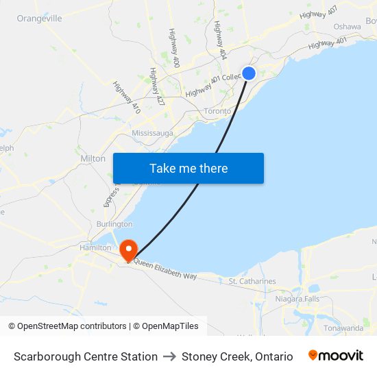 Scarborough Centre Station to Stoney Creek, Ontario map