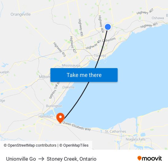 Unionville Go to Stoney Creek, Ontario map