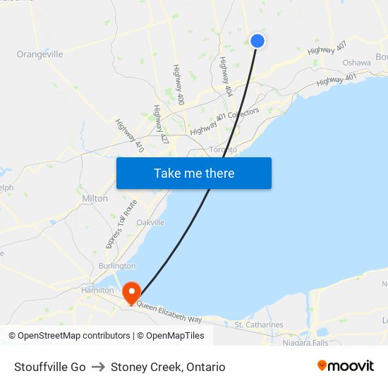 Stouffville Go to Stoney Creek, Ontario map