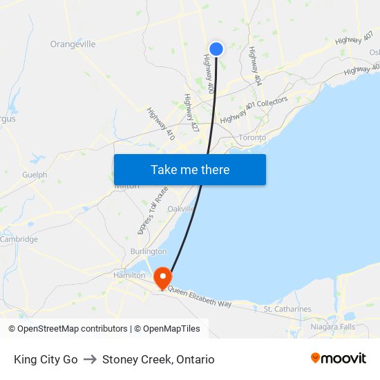 King City Go to Stoney Creek, Ontario map