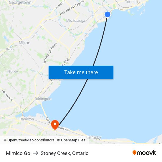 Mimico Go to Stoney Creek, Ontario map