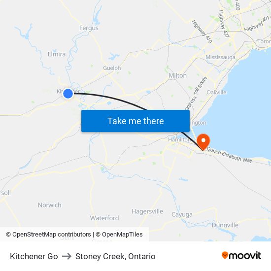 Kitchener Go to Stoney Creek, Ontario map