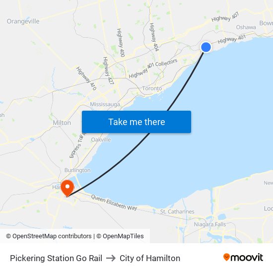 Pickering Station Go Rail to City of Hamilton map